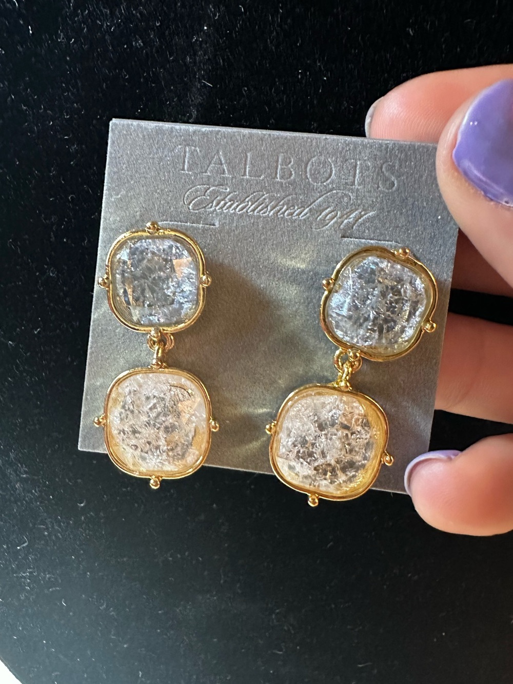 Talbots Gold-Tone Double Drop Earrings with Clear Crackle Stones